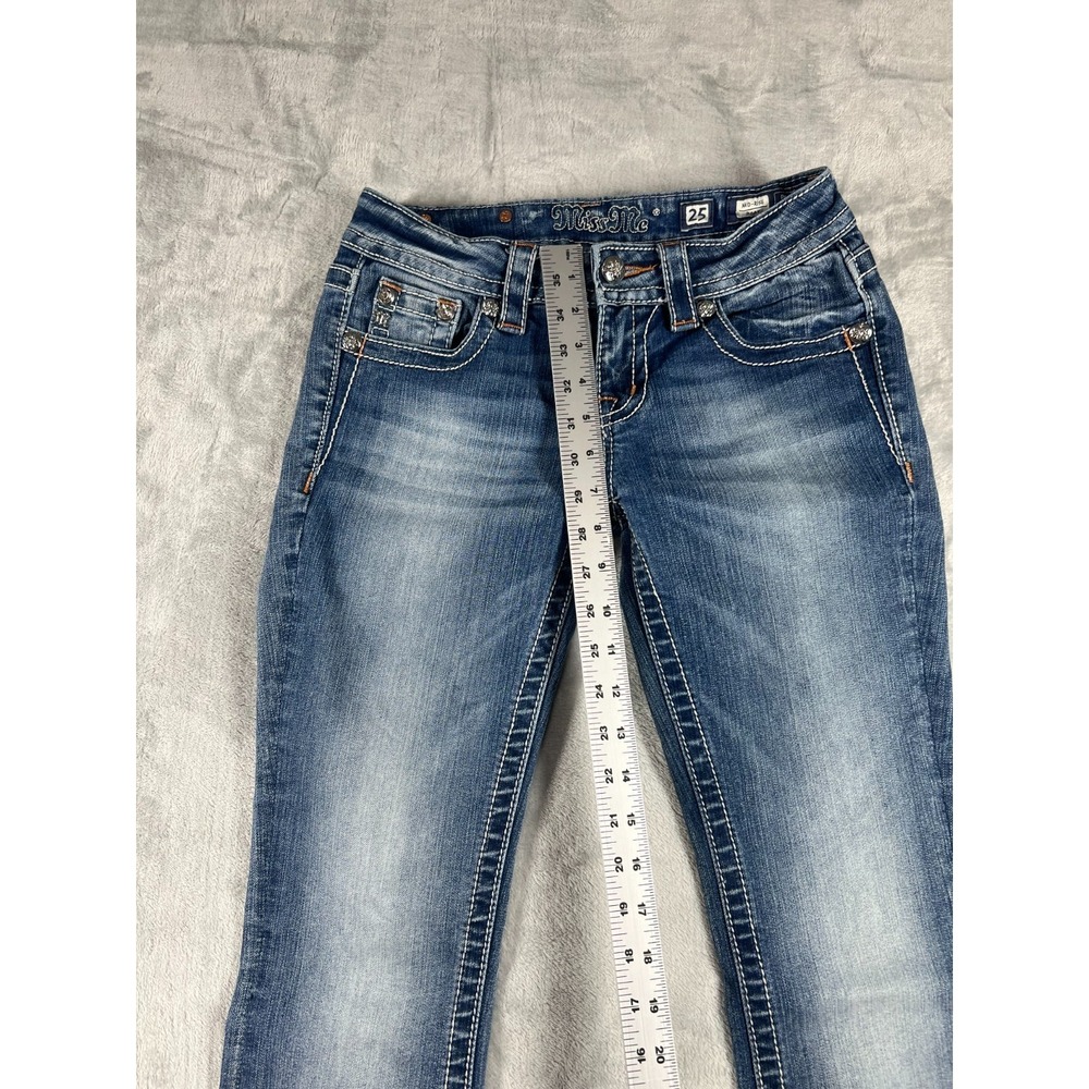 Miss Me Jeans Womens 25 Mid Rise BootCut Flap Pocket Embellished Stretch Western - Picture 4 of 14